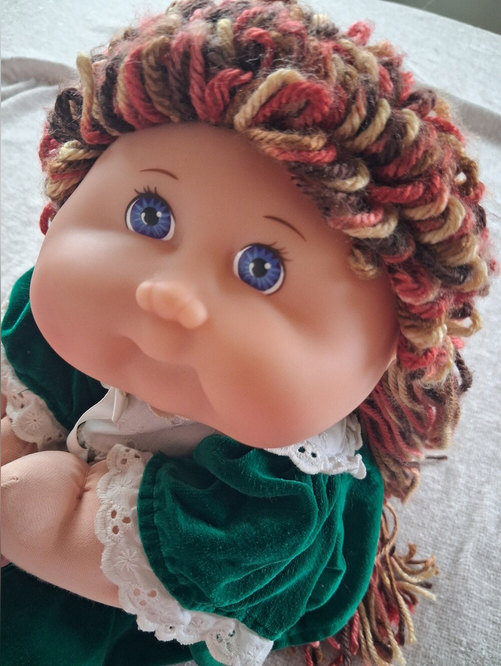 Plush Rag-Style Doll with Green Velvet Dress and Multicolor Yarn Hair